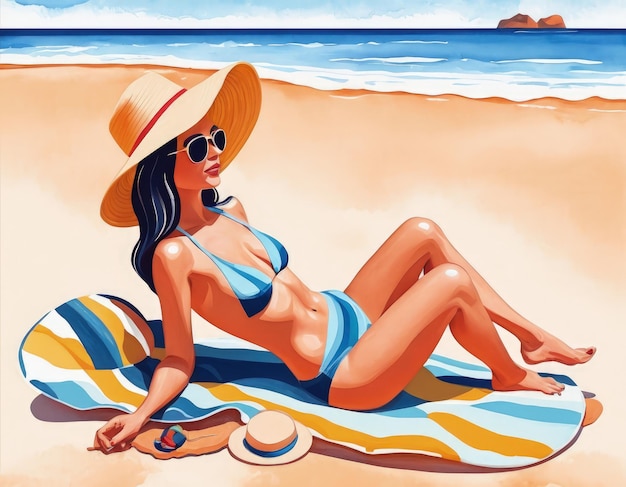 Mujer en traje de baño y sombrero en la playa Ilustración vectorial generativa