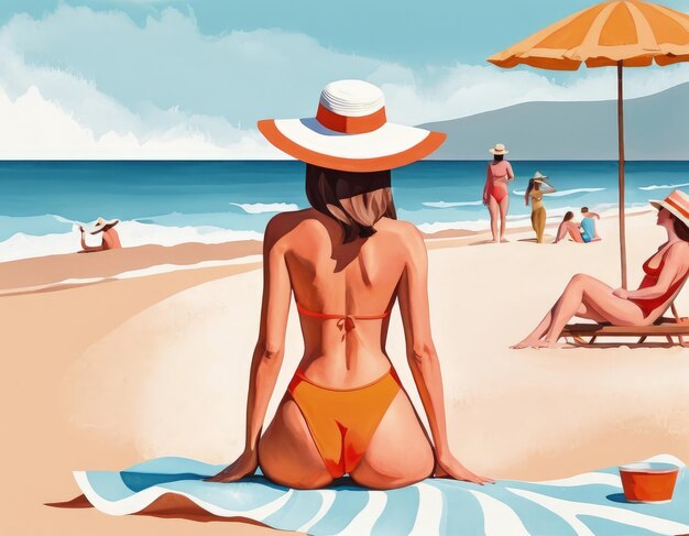 Mujer en traje de baño y sombrero en la playa Ilustración vectorial generativa