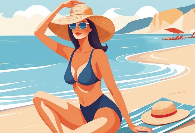 Mujer en traje de baño y sombrero en la playa Ilustración vectorial generativa