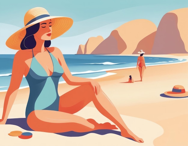 Foto mujer en traje de baño y sombrero en la playa ilustración vectorial generativa