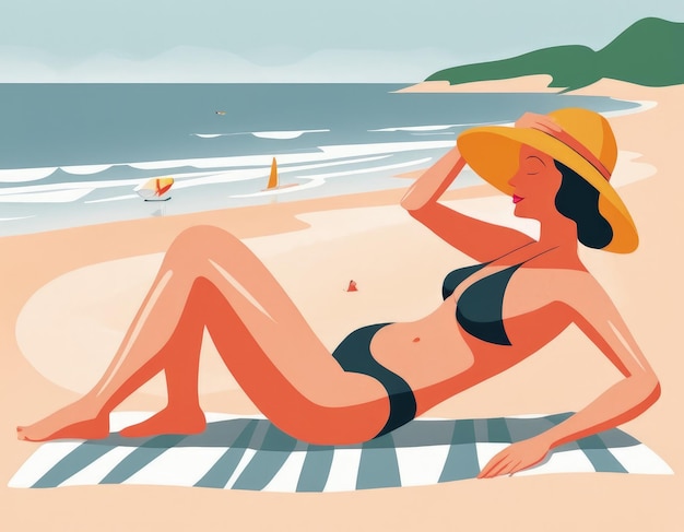 Mujer en traje de baño y sombrero en la playa Ilustración vectorial generativa