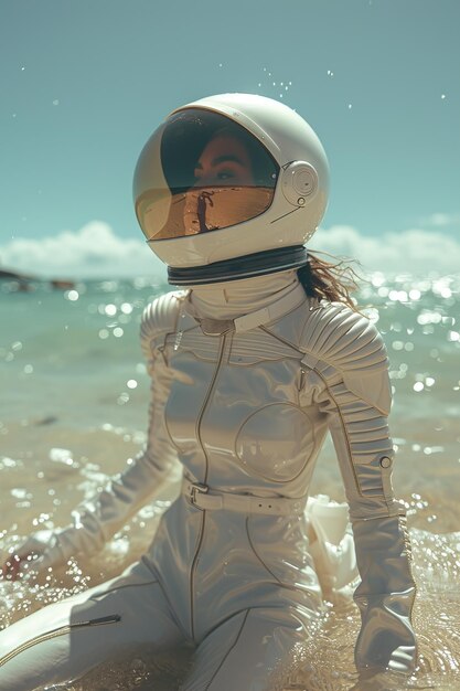 una mujer con un traje blanco y un casco en una playa