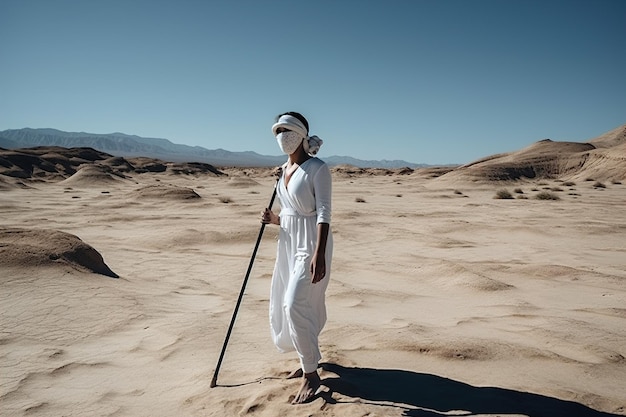 una mujer en un traje blanco con un palo en el desierto