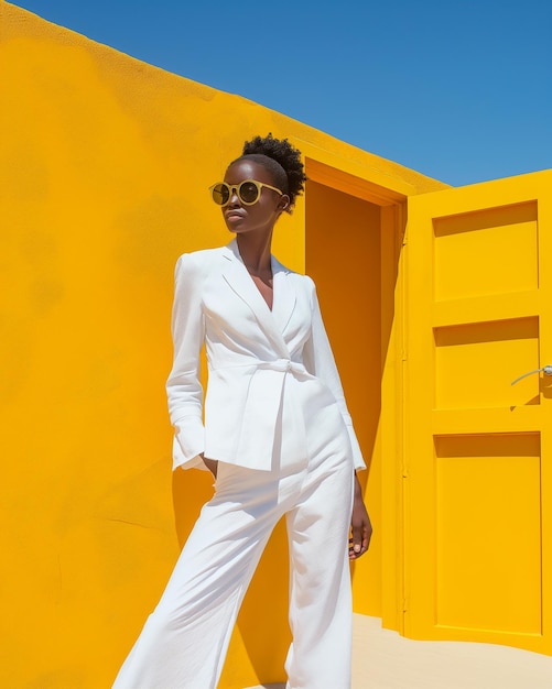 Foto una mujer con un traje blanco y pantalones blancos se para frente a una pared amarilla