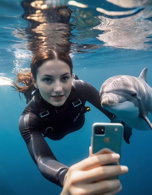una mujer en un traje de buceo está tomando una foto de un delfín y un delfino