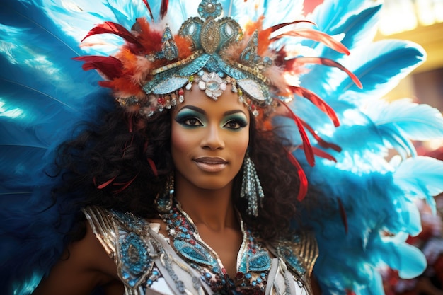 Mujer con traje de carnaval de plumas azules