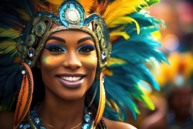 Foto mujer con traje de carnaval de plumas azules