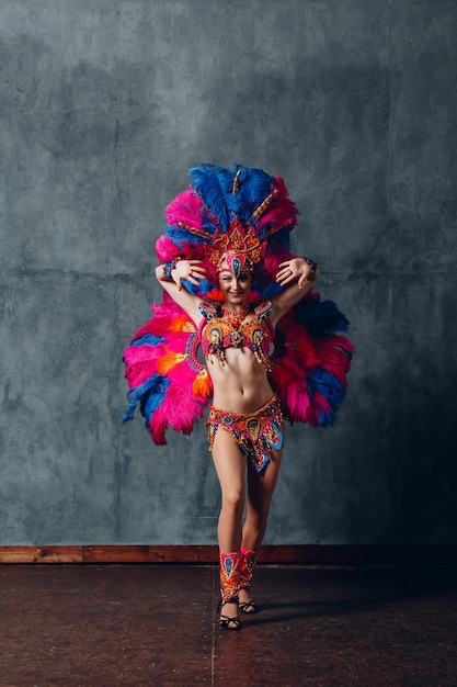 Foto mujer en traje de carnaval de samba brasileña con plumaje de plumas de colores.