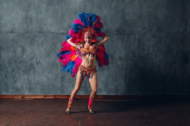 Foto mujer en traje de carnaval de samba brasileña con plumaje de plumas de colores.