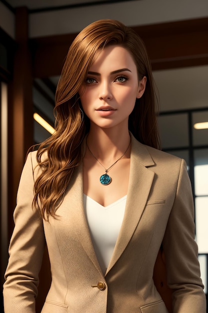 Una mujer con traje y un collar con una piedra azul.