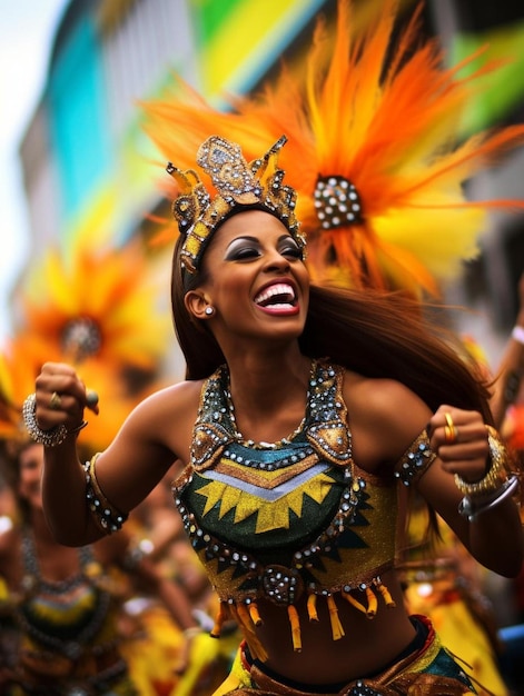 Una mujer con un traje colorido baila con un fondo colorido.