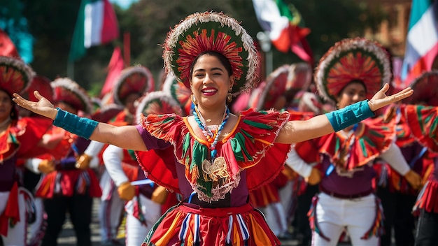 Foto una mujer en un traje colorido con una bandera roja y verde en la espalda