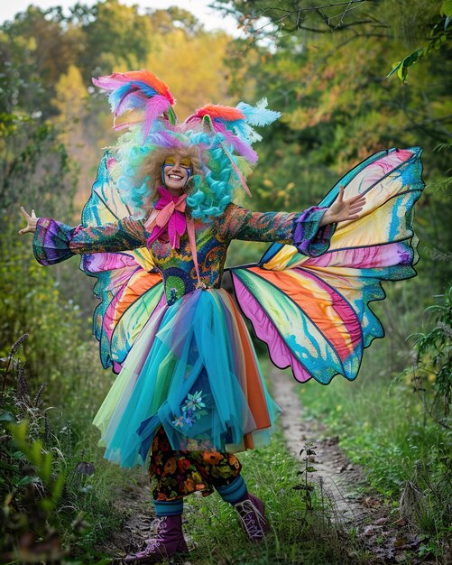 una mujer con un traje colorido está caminando por un camino