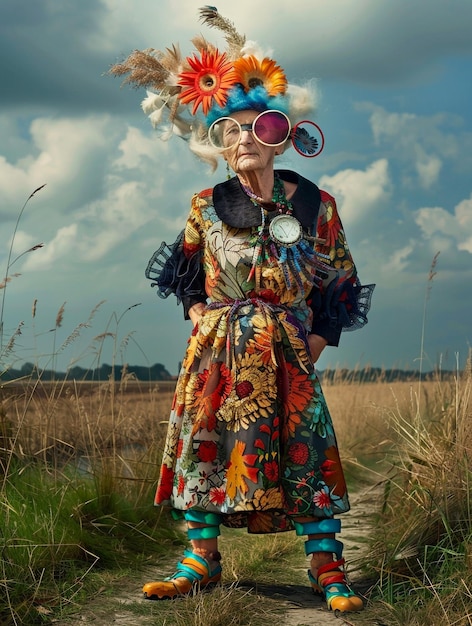 una mujer en un traje colorido está de pie en un campo con un sombrero que dice "no"