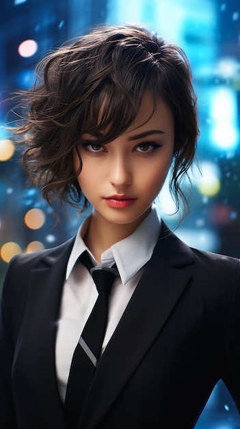 mujer traje corbata posando joven asiático visual rasgos fuertes corte de pelo corto retrato fantasía citas