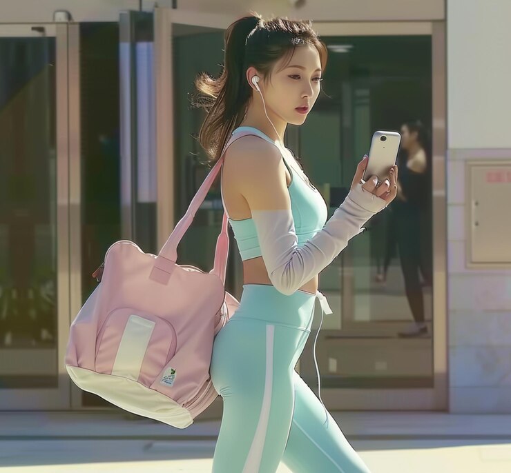 mujer en traje deportivo azul caminando por la calle con bolsa rosa y teléfono celular generativo ai
