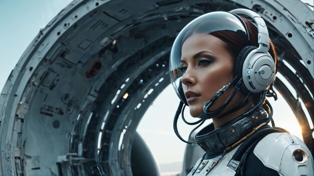 Foto mujer en traje espacial con auriculares