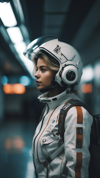 Una mujer con un traje espacial con un casco que dice "traje espacial"