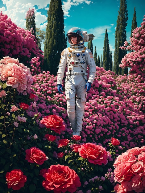 una mujer con un traje espacial está de pie en un campo de flores.