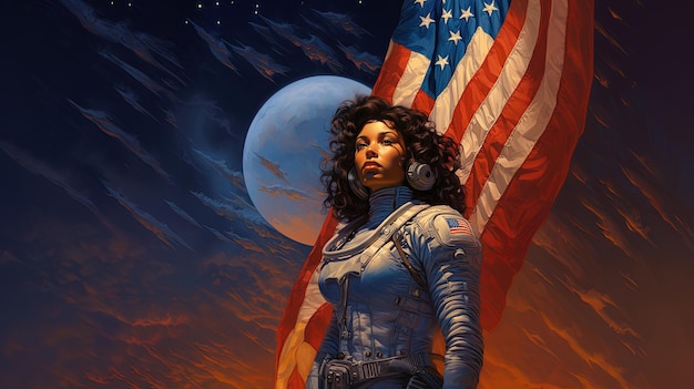 una mujer en un traje espacial está sosteniendo una bandera estadounidense