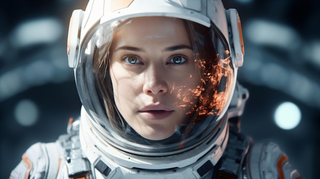 una mujer en traje espacial con un fuego en la cara