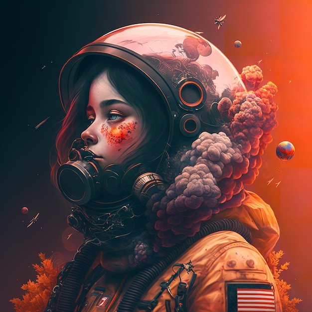 Una mujer en un traje espacial con una nube de humo en la cara.
