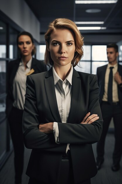 Una mujer con traje está de pie con los brazos cruzados frente a ella.