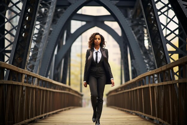 Una mujer en traje está de pie en un puente