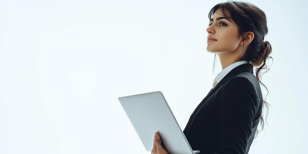 una mujer en un traje está sosteniendo una computadora portátil y mirando la pantalla