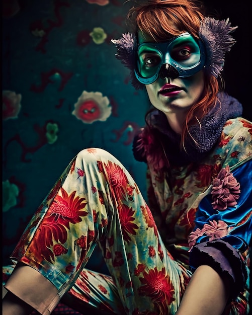 Una mujer con un traje de flores y una máscara en la cara se sienta sobre un fondo azul.