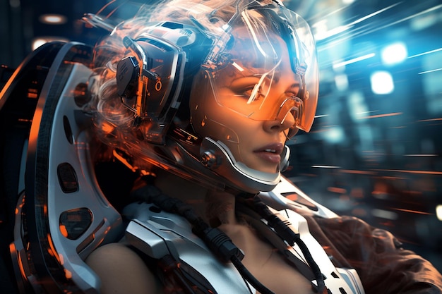 una mujer con un traje futurista busca a Cyborg en un viaje futurista