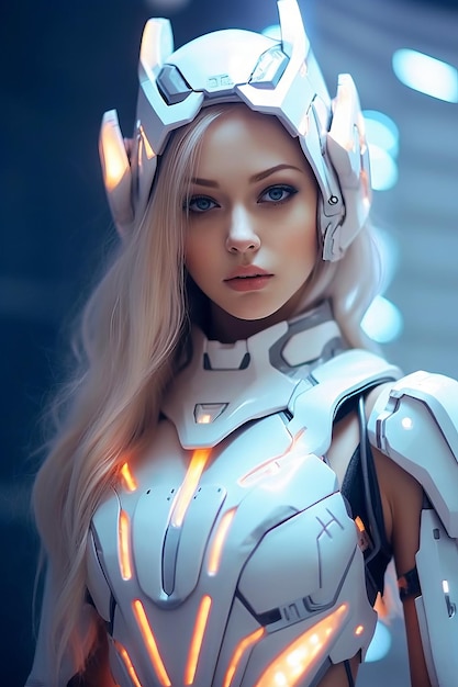 Una mujer con traje futurista y casco blanco.