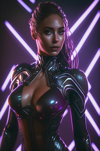 mujer con un traje futurista en medio de una ciudad cyberpunk, luces de neón