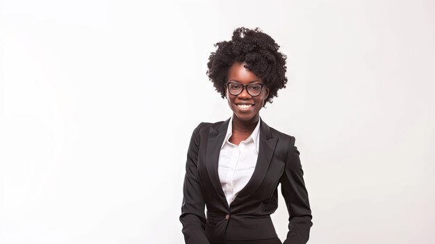 una mujer en un traje y gafas está posando para una foto