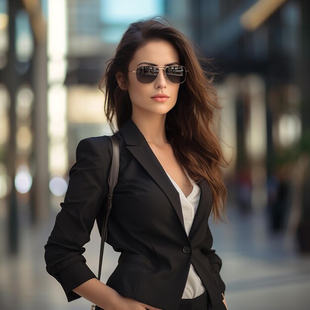 una mujer en un traje y gafas de sol está posando para una foto