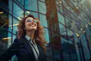 Foto una mujer con traje y gafas de sol posando frente a un edificio moderno