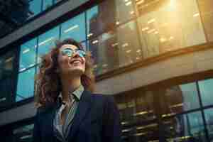 Foto mujer de traje y gafas de sol posando frente a un edificio