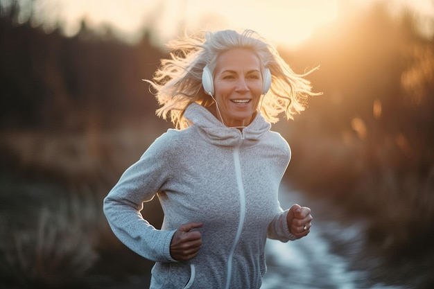 Mujer con traje gris y auriculares en una carrera matutina de otoño