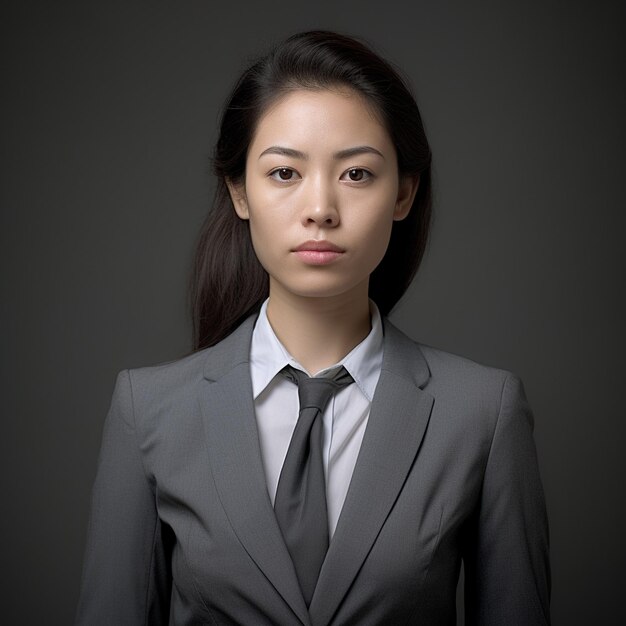 una mujer con un traje gris con una camisa gris y una corbata negra.