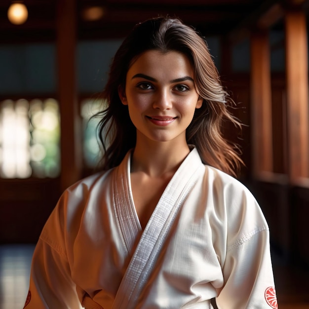 mujer en traje de karate sonriendo