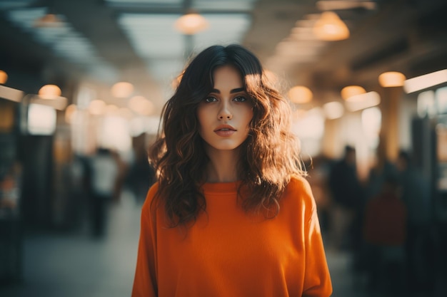 Mujer de traje naranja entre la gente de ropa gris