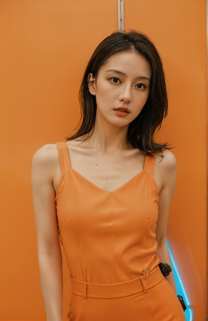 una mujer en un traje naranja posando para una foto