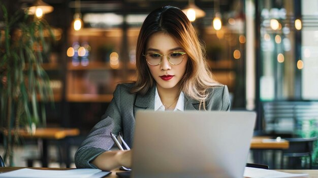 una mujer en un traje de negocios está sentada en un escritorio con una computadora portátil y un bolígrafo en la mano