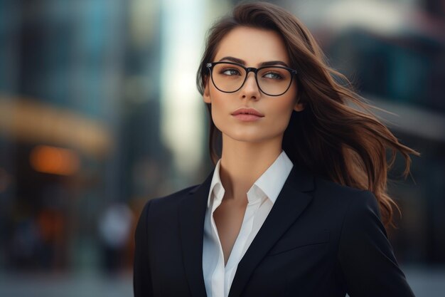 Una mujer con un traje de negocios y gafas adecuadas para conceptos corporativos