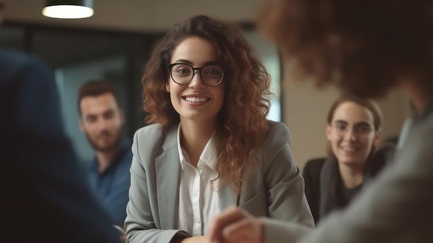 Una mujer con traje de negocios habla con un grupo de personas.