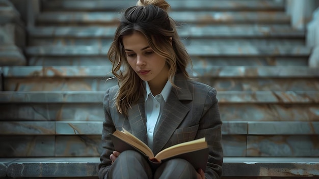 Foto una mujer con traje de negocios leyendo un libro en los escalones de la biblioteca fotografía conceptual vestido de negocios lectura biblioteca educación