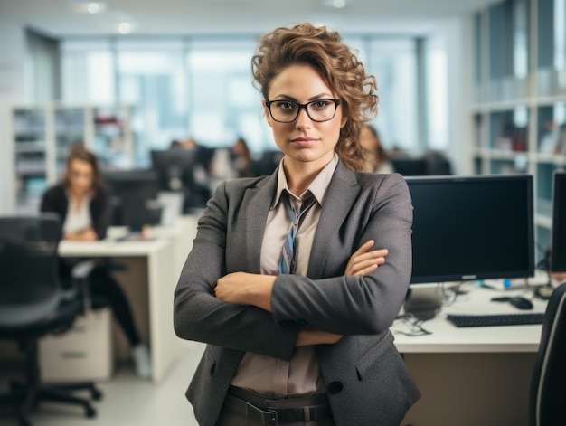 una mujer con traje de negocios parada en una oficina