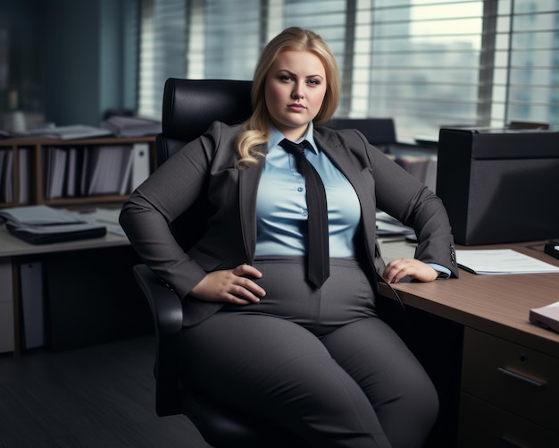 una mujer en traje de negocios sentada en una silla de oficina