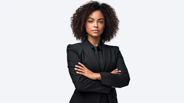 Una mujer de traje negro con los brazos cruzados.