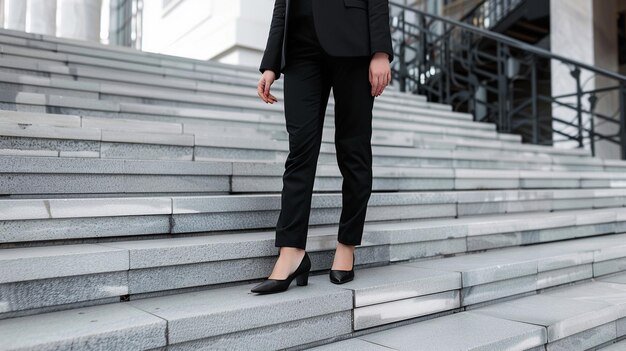 Foto una mujer con un traje negro y zapatos negros está de pie en las escaleras